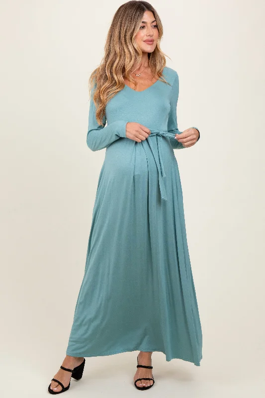 Light Olive V-Neck Long Sleeve Sash Tie Maternity Maxi Dress Stylish Button-Up Maxi Dress