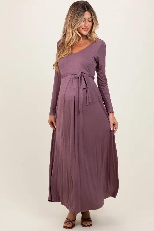 Mauve V-Neck Long Sleeve Sash Tie Maternity Maxi Dress Elegant Maxi Dress with Slit