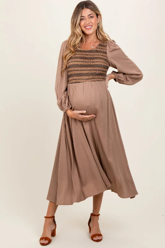 Mocha Contrast Knit Bodice Maternity Maxi Dress Stylish Maxi Dress with Frills