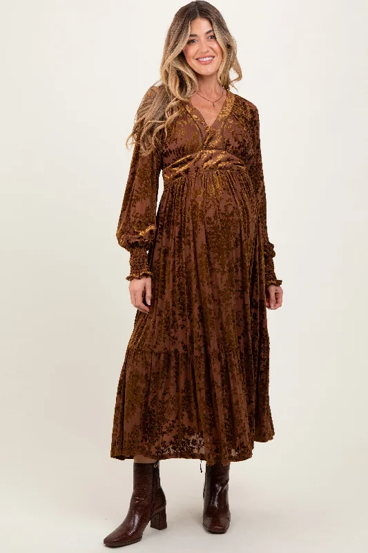 Mocha Floral Velvet Overlay Maternity Maxi Dress Fashionable High-Low Maxi Dress