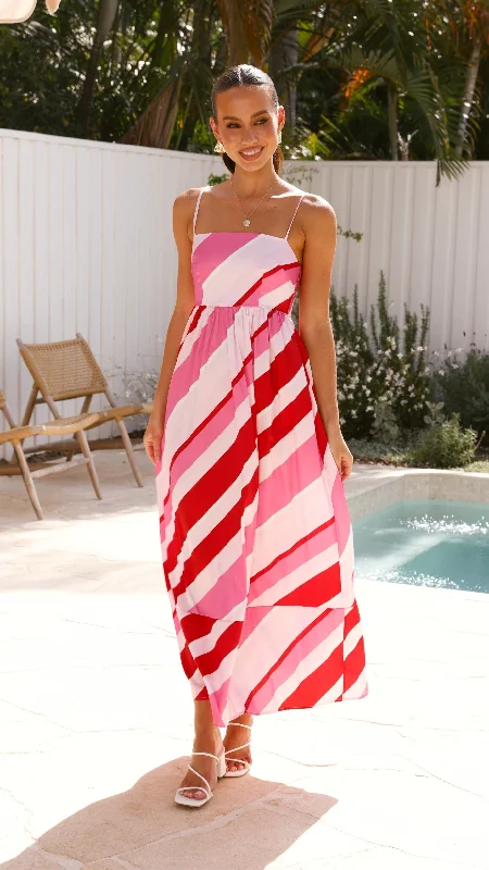 Nadie Maxi Dress - Red/Pink Stripe Classic A-Line Maxi Dress