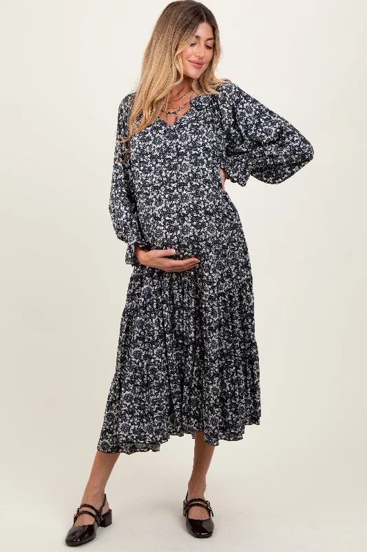 Navy Blue Floral Tie Neckline Tiered Maternity Maxi Dress Cozy Wrap Maxi Dress