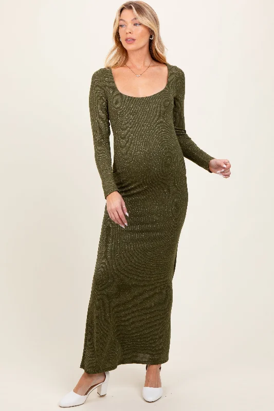 Olive Basic Square Neck Long Sleeve Maternity Maxi Dress Trendy V-Neck Maxi Dress