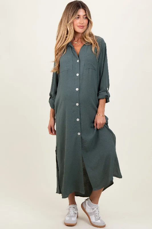 Olive Long Sleeve Button Down Maternity Maxi Dress Comfortable Long-Sleeve Maxi Dress