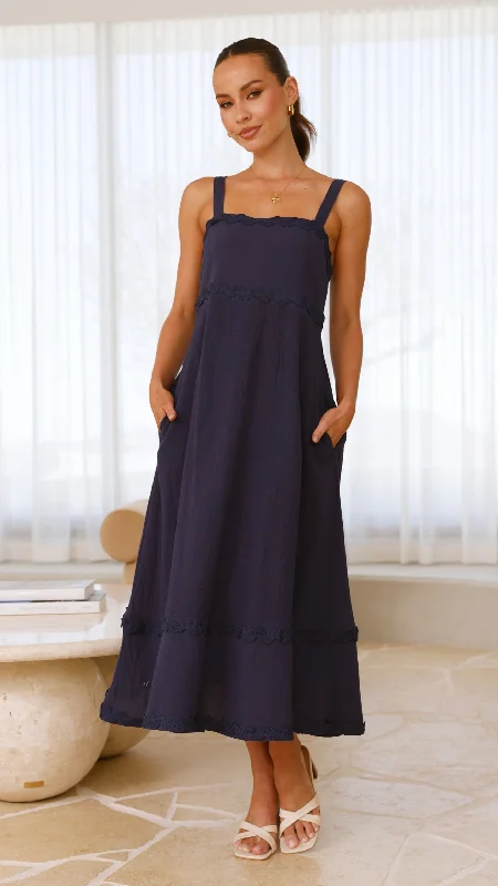 Raelynn Maxi Dress - Navy Elegant Lace-Up Maxi Dress