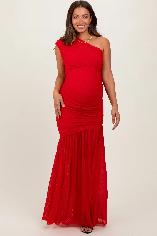 Red Ruched Mesh One Shoulder Maternity Maxi Dress Stylish V-Neck Maxi Dress