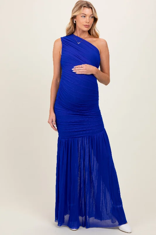 Royal Blue Ruched Mesh One Shoulder Maternity Maxi Dress Fashionable Chiffon Maxi Dress