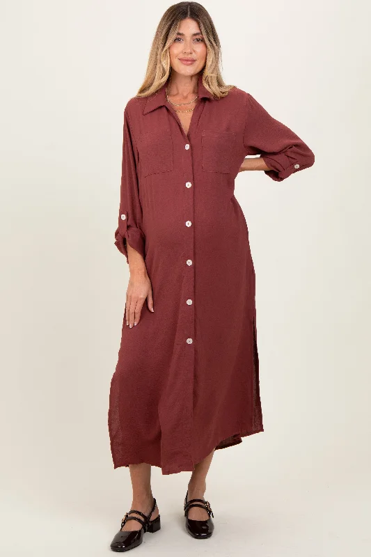 Rust Long Sleeve Button Down Maternity Maxi Dress Elegant Silk Maxi Dress