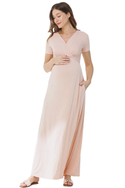 Short Sleeve Maternity Maxi Dress in Blush Style 1915 Stylish Pleated A-Line Maxi Dress