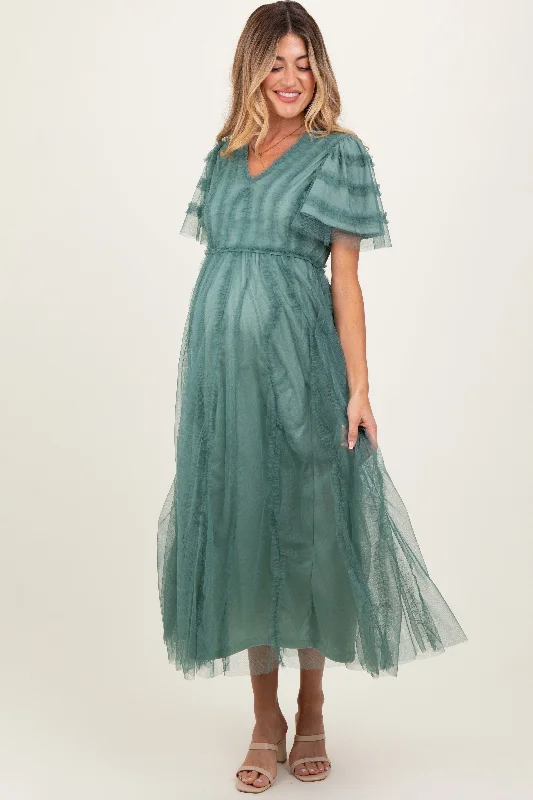 Teal Ruffle Accent Mesh Overlay Maternity Maxi Dress Cozy Open-Back Maxi Dress