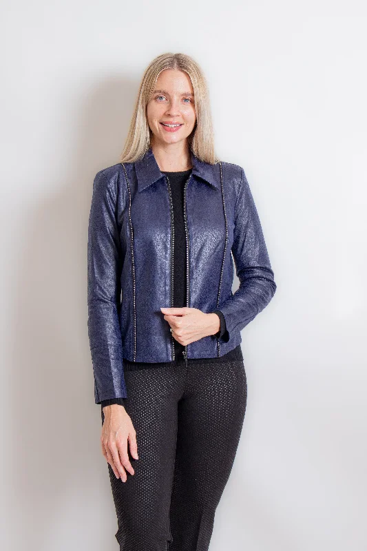 French Blue Vegan Leather Jacket Zip Front Button Front Snap Front