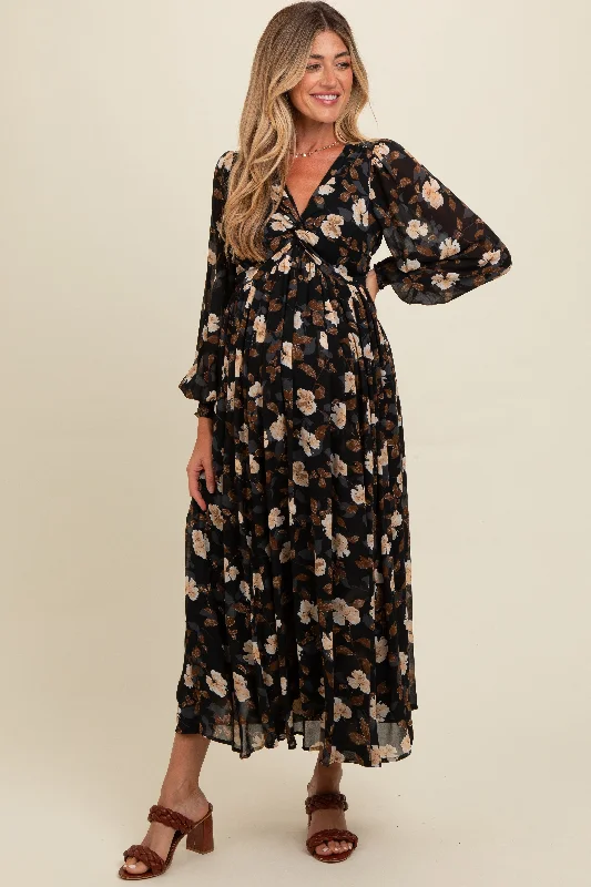 Black Floral Chiffon Twist Front Wrap Maternity Maxi Dress Trendy V-Neck Maxi Dress