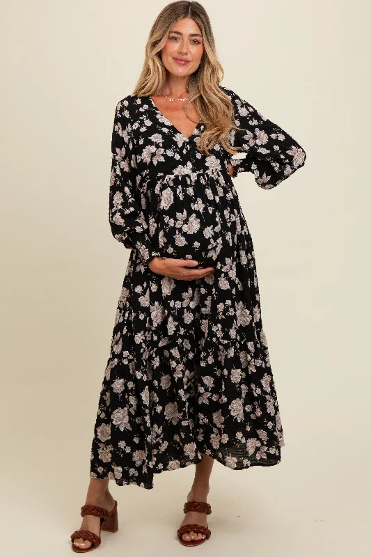 Black Floral Textured Bubble Sleeve Maternity Maxi Dress Stylish Button-Up Maxi Dress