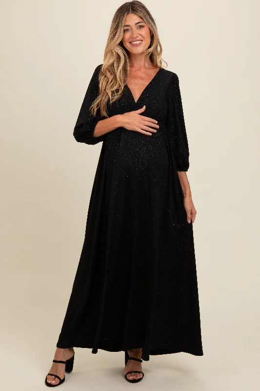 Black Glitter V-Neck Maternity Maxi Dress Trendy Satin Maxi Dress