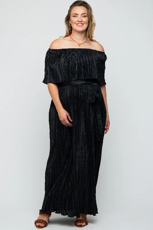 Black Plisse Off Shoulder Maternity Plus Maxi Dress Trendy Maxi Dress with Lace