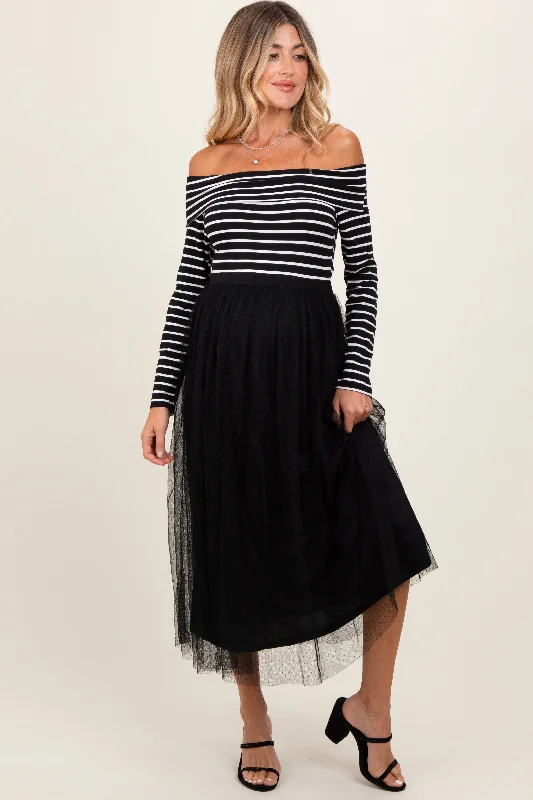 Black Striped Off Shoulder Contrast Knit Mesh Maternity Maxi Dress Fashionable Button-Down Maxi Dress