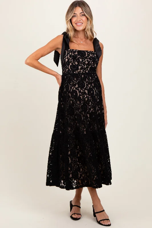 Black Velvet Lace Shoulder Bow Maternity Maxi Dress Chic Summer Maxi Dress