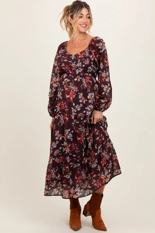 Brown Floral V-Neck Bubble Sleeve Maternity Maxi Dress Elegant Tiered Maxi Dress