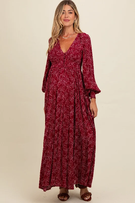 Burgundy Floral Smocked Button Detail Maternity Maxi Dress Comfortable Maxi Dress with Belt