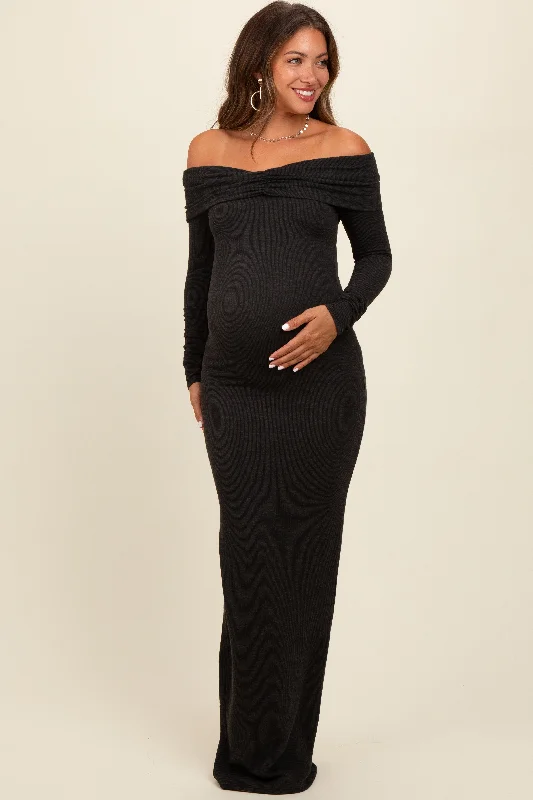 Charcoal Knit Off Shoulder Maternity Maxi Dress Fashionable Chiffon Tiered Maxi Dress