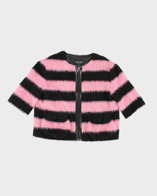Emporio Armani Pink & Black Fluffy Jacket - M Ribbed Jacket Pleated Jacket Ruffled Jacket Emporio Armani Pink & Black Fluffy Jacket - M Ribbed Jacket Pleated Jacket Ruffled Jacket