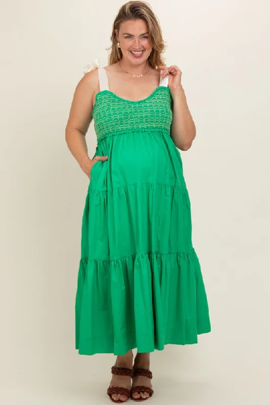 Green Ribbon Strap Tiered Plus Maternity Maxi Dress Fashionable Layered Maxi Dress