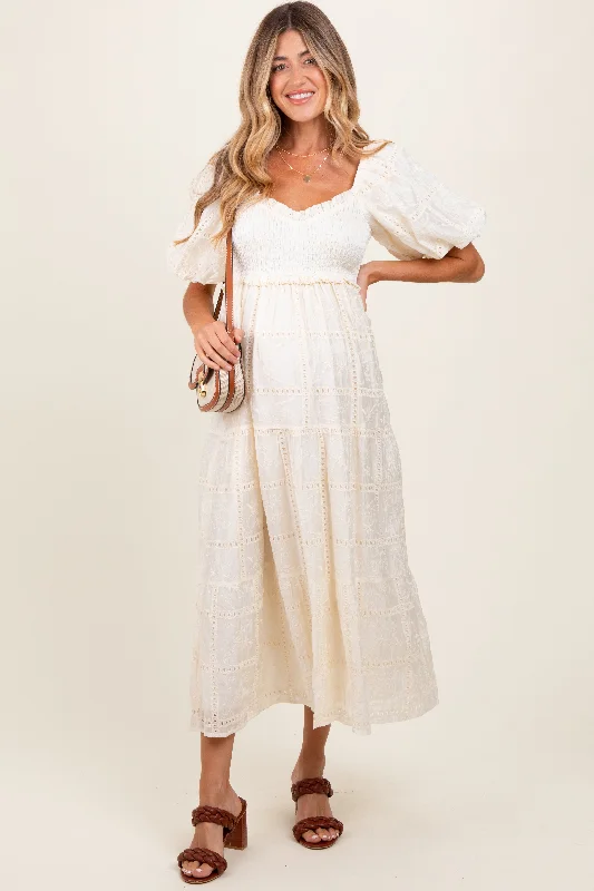 Ivory Smocked Puff Sleeve Maternity Maxi Dress Fashionable Chiffon Maxi Dress