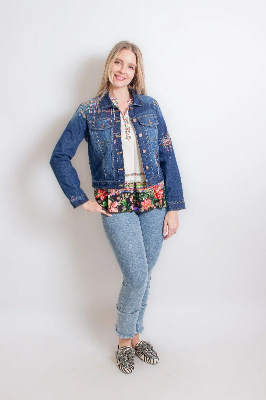 Embroidered Denim Jacket A-Line Jacket Boat Neck Shawl Collar