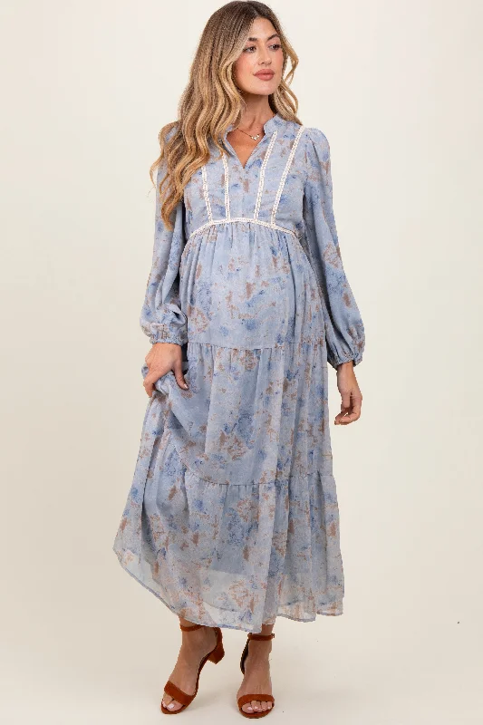 Light Blue Floral Lace Trim Maternity Maxi Dress Stylish Long Sleeve Maxi Dress