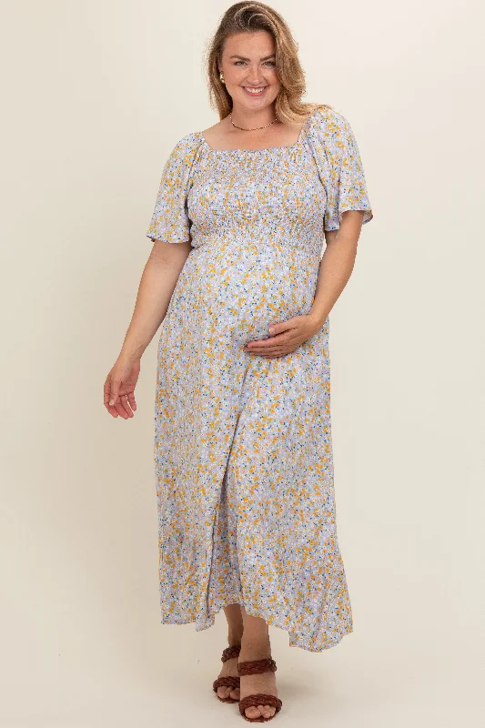 Light Blue Floral Smocked Plus Maternity Maxi Dress Elegant Maxi Dress with Slit