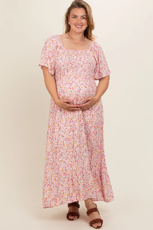 Light Pink Floral Smocked Plus Maternity Maxi Dress Classic Solid Maxi Dress