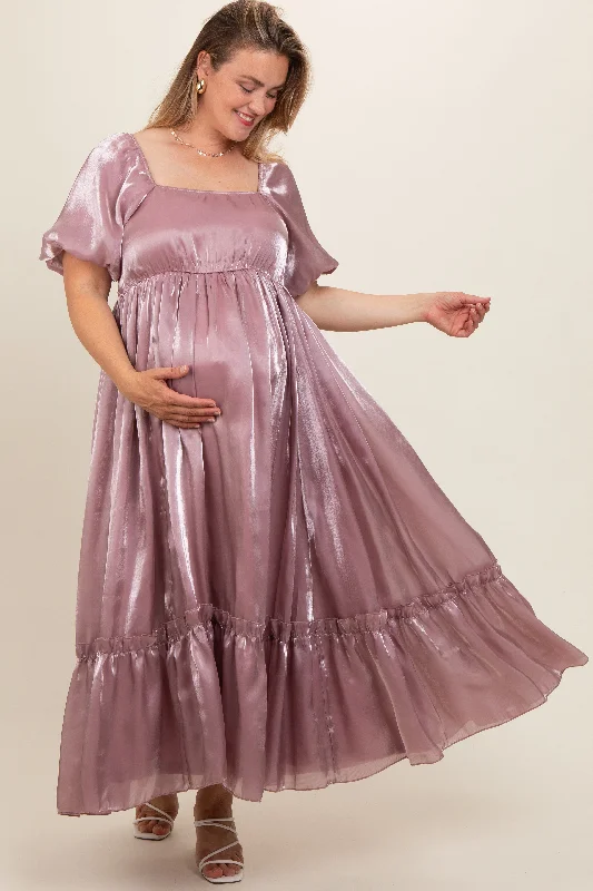 Mauve Puff Sleeve Ruffle Hem Plus Maternity Maxi Dress Stylish Boho Chic Maxi Dress