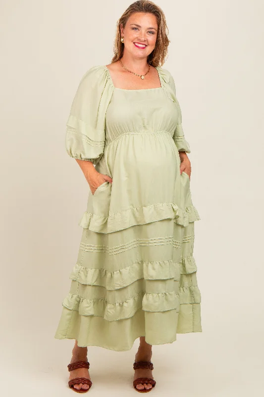 Mint Green Square Neck Ruffle Tiered Maternity Plus Maxi Dress Stylish Boho Maxi Dress