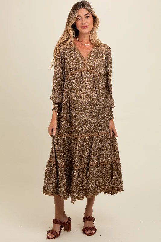 Mocha Floral Lace Trim Bubble Sleeve Maternity Maxi Dress Comfortable Long-Sleeve Maxi Dress