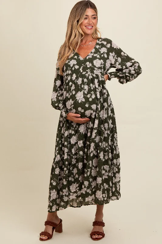 Olive Floral Textured Bubble Sleeve Maternity Maxi Dress Trendy Floral Print Maxi Dress