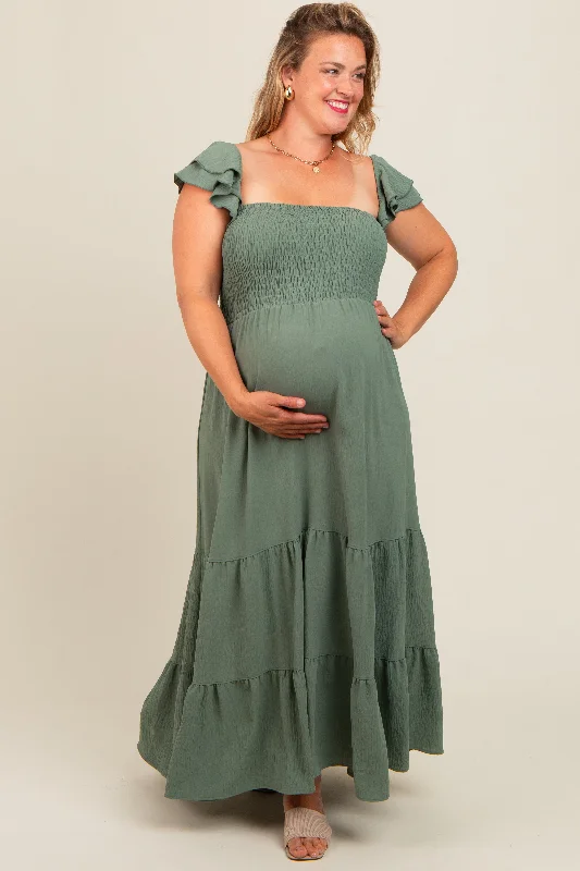 Olive Smocked Ruffle Layered Short Sleeve Tiered Maternity Maxi Dress Fashionable Asymmetrical Maxi Dress