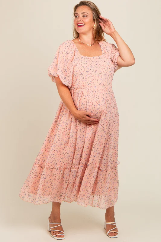 Peach Floral Ruffle Hem Maternity Plus Maxi Dress Cozy Knit Maxi Dress