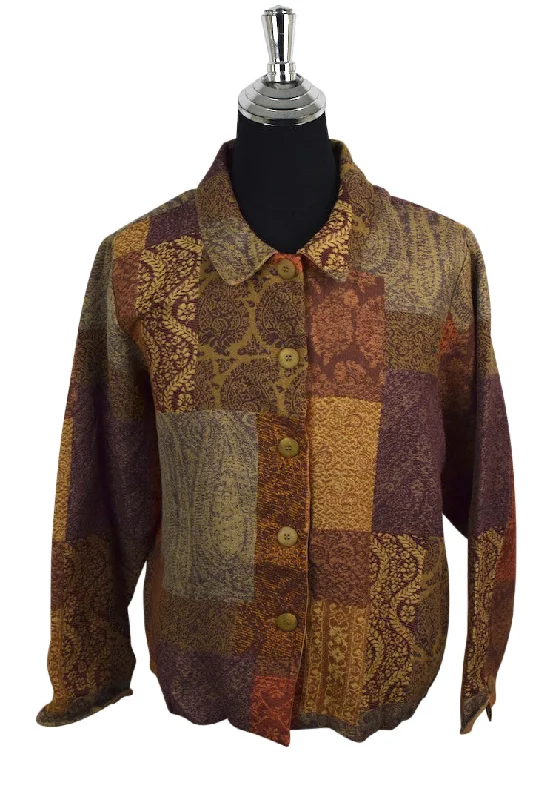 Patchwork Pattern Jacket Zippered Front Buttoned Front Snap Front