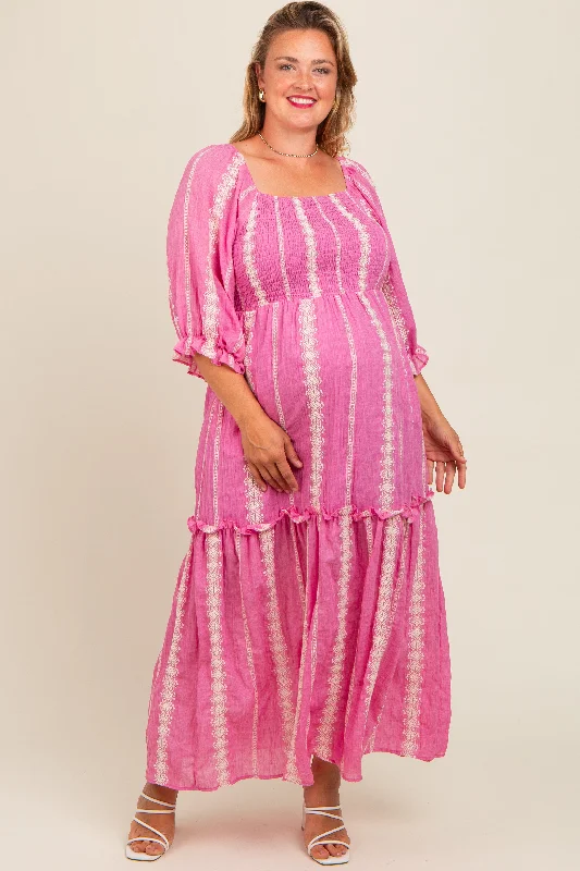 Pink Embroidered Detail Smocked Top Plus Maternity Maxi Dress Fashionable Maxi Dress with Fringe