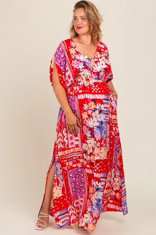 Red Mixed Print Bell Sleeve Plus Maternity Maxi Dress Chic Boho Print Maxi Dress