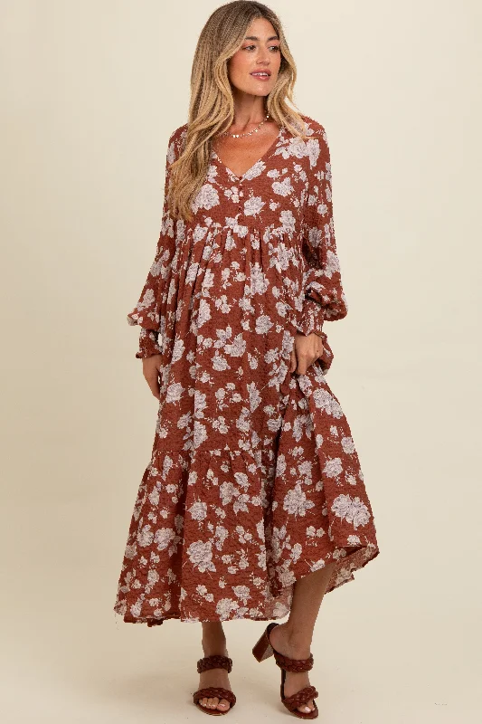 Rust Floral Textured Bubble Sleeve Maternity Maxi Dress Fashionable Open-Back Maxi Dress