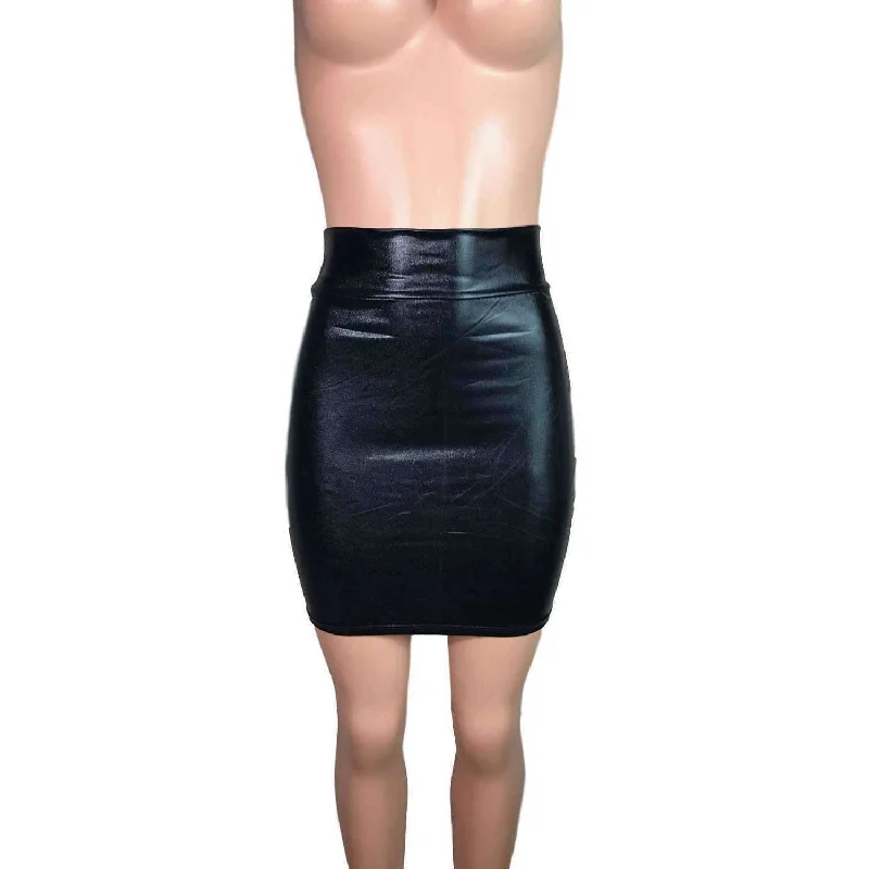 Pencil Skirt - Black Metallic "Wet Look" Faux Leather velvet skirt rich