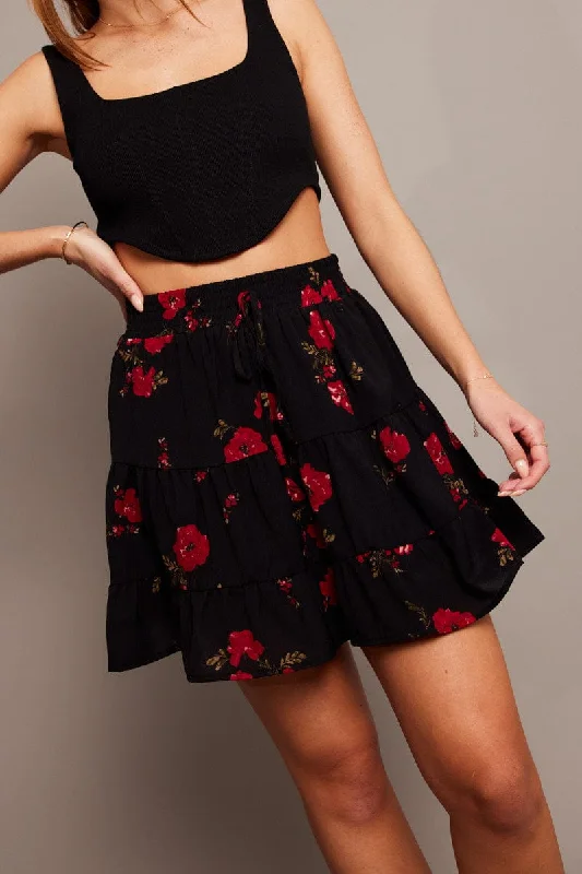 Black Floral Skater Skirt Mini velvet skirt glossy