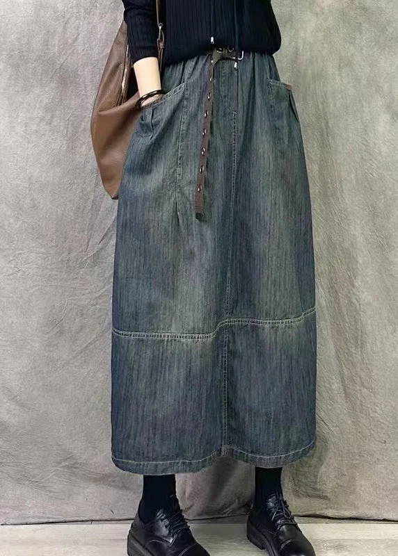 Chic Grey Blue Pockets Patchwork Denim Skirts Spring flowy skirt hem