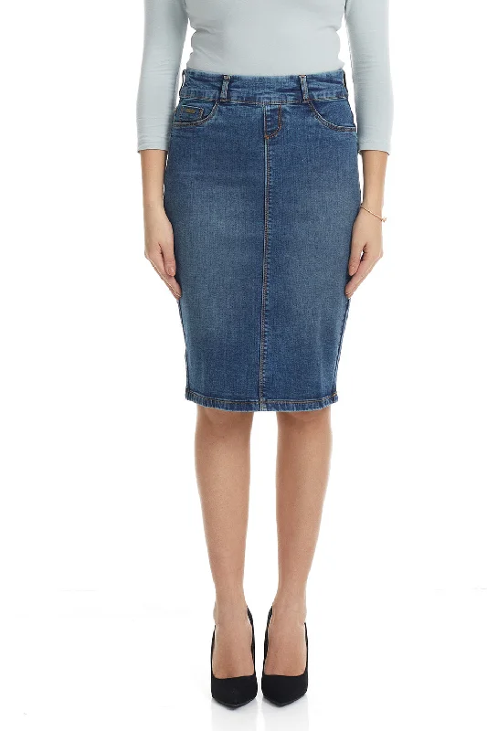 Denim below knee length denim jean skirt 'Brooklyn' leather skirt sleek