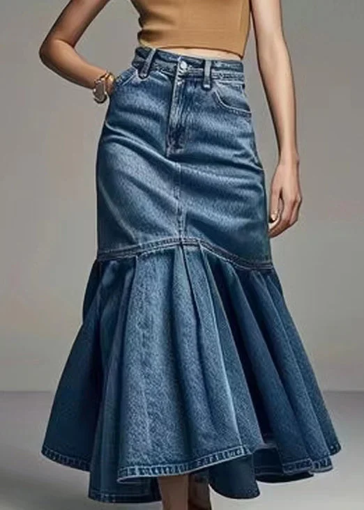 French Blue Wrinkled High Waist Denim Fishtail Skirt Summer cashmere skirt soft