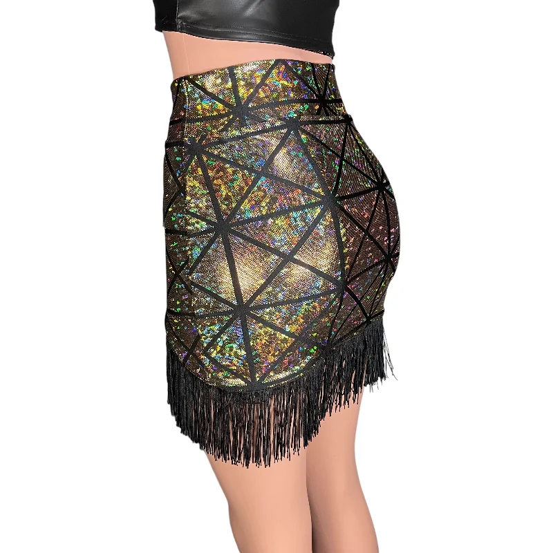 Fringe Pencil Skirt - Glass Pane Shattered Glass Holographic in Gold or Silver wrap skirt elegant