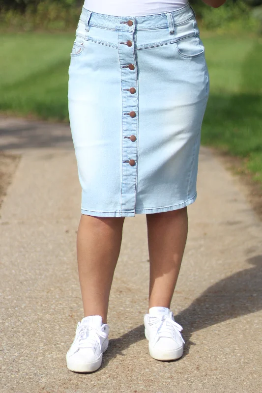 Kylie Light Wash Denim Skirt (FINAL SALE) asymmetrical skirt cut