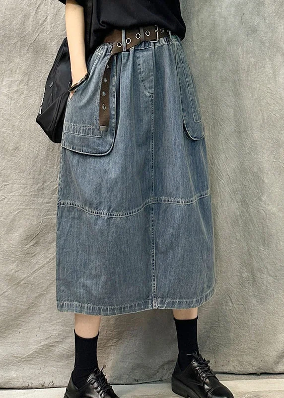 Light Blue Pockets Patchwork Denim Skirt High Waist Summer leather skirt refined