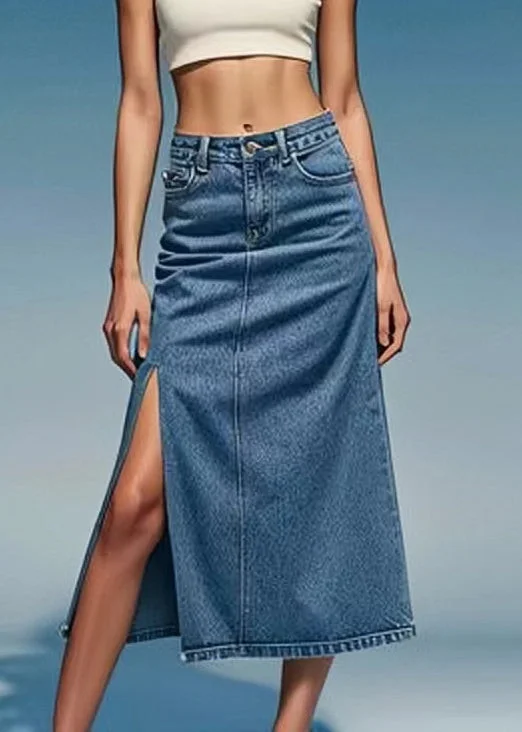 Loose Blue Pockets Side Open Denim Summer Skirts low waist skirt